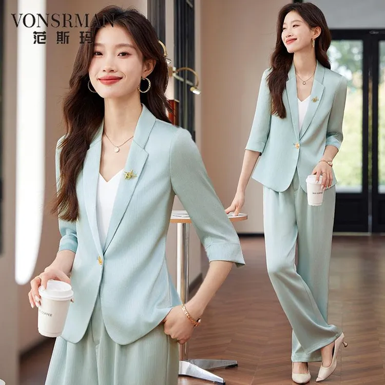 薄荷绿夏季西装套装女薄款中袖高端气质女神范时尚职业装西服外套
