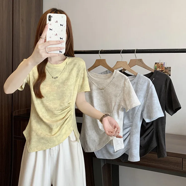 2025夏季新款胖mm大码女装设计感链条扎染上衣不规则短袖T恤