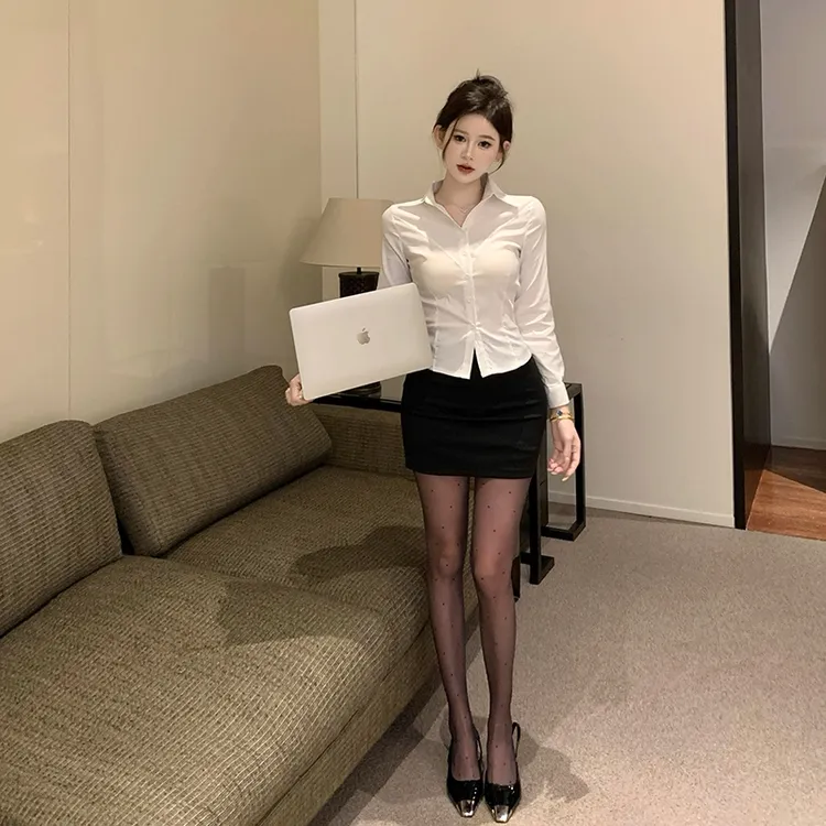 纯欲收腰白衬衫女长袖春秋修身性感紧身衬衣OL制服职业工作服套装