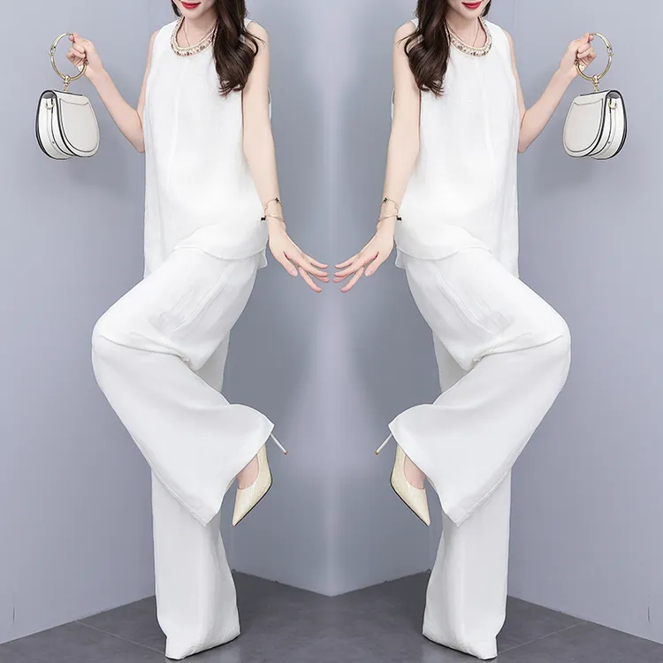 高端亚麻套装女白色2025夏季新款垂感阔腿裤无袖休闲气质两件套潮