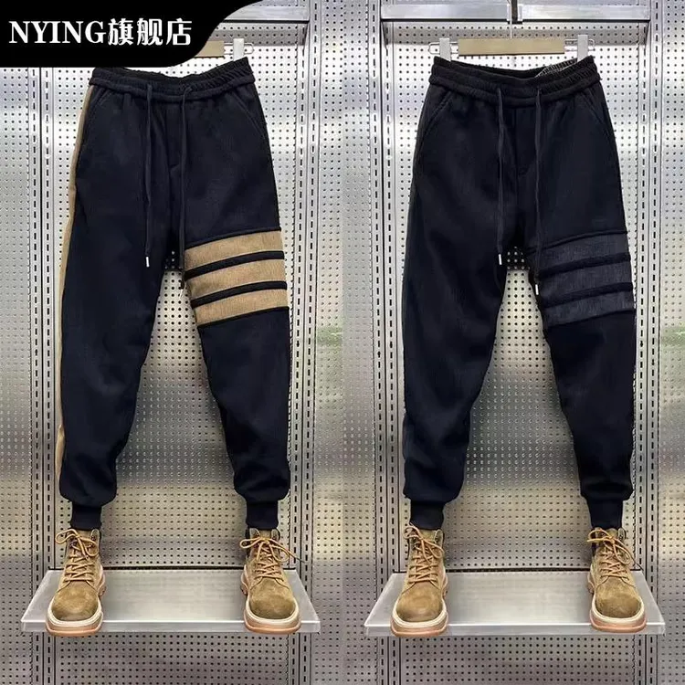 NYING大码条纹休闲裤秋季男士潮流束脚运动裤拼接小脚哈伦裤百搭