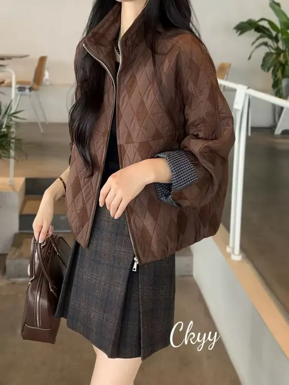 韩系菱形格袖口拼接棉衣短款外套女2025秋季新款宽松显瘦夹克上衣