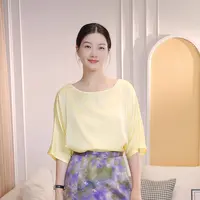 夏日日常休闲简约风宽松圆领中袖上衣通勤出行黄色女衬衫KX39