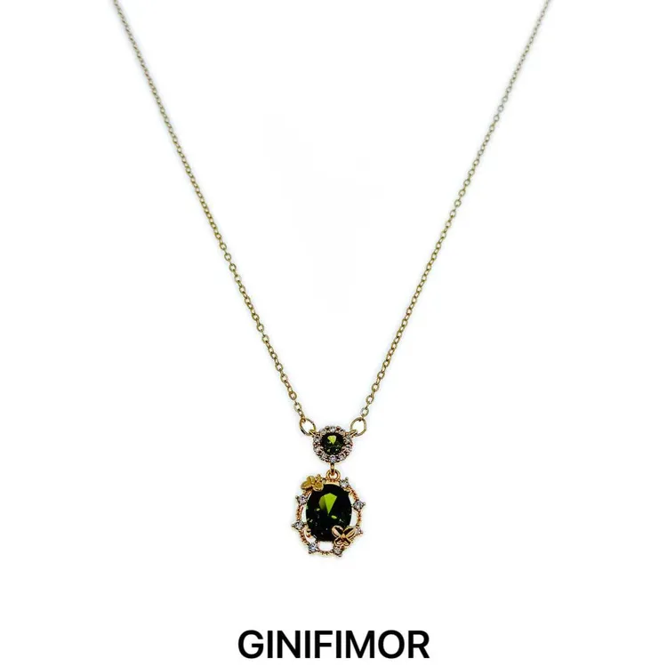 GINIFIMOR 铜合金项链 a795 橄榄绿椭圆吊坠项链百搭气质锁骨链