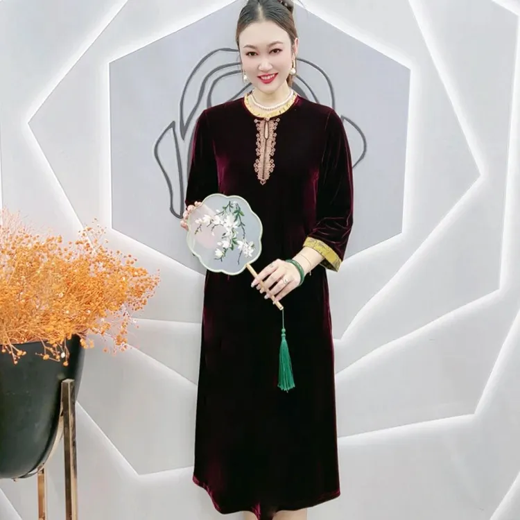 高端金丝绒连衣裙2025秋经典复古国风重工刺绣裙贵夫人高贵气质裙