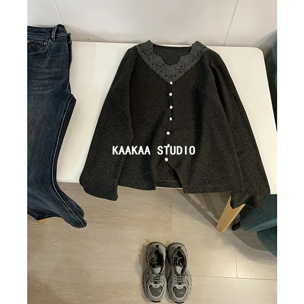 REKAYYAT“情话”秋冬季新品时尚洋气百搭亮晶晶温柔花边长袖打底衫