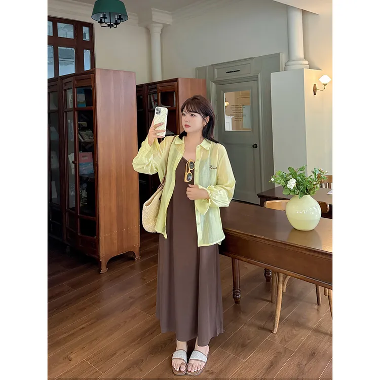 25年夏季女装大码胖mm套装后开叉衬衫+吊带连衣裙套装