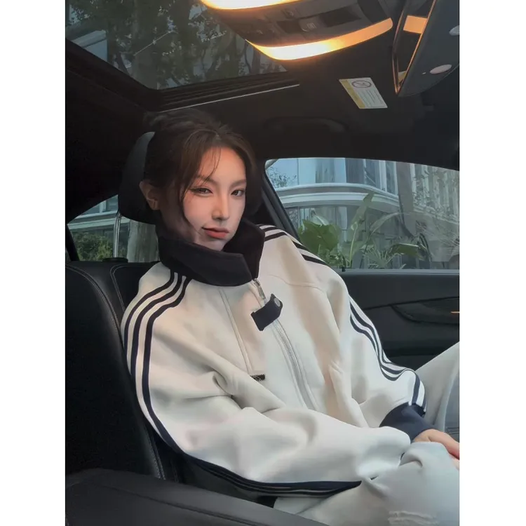 木木夕早秋男女同款简约卫衣重磅美式学院风撞色拼接百搭条领夹克