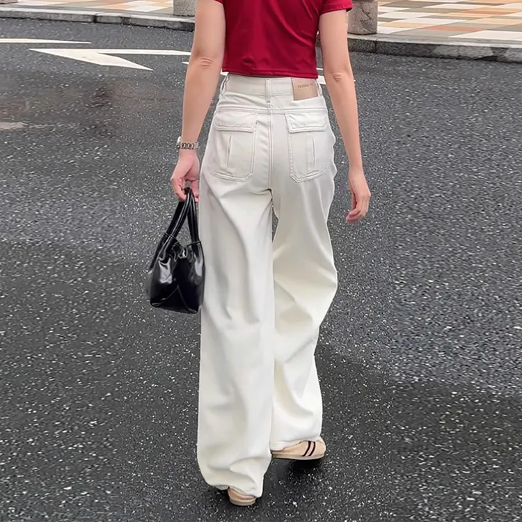 灰杏色窄版弯刀阔腿牛仔裤女夏季薄款2025新款宽松显瘦直筒裤子
