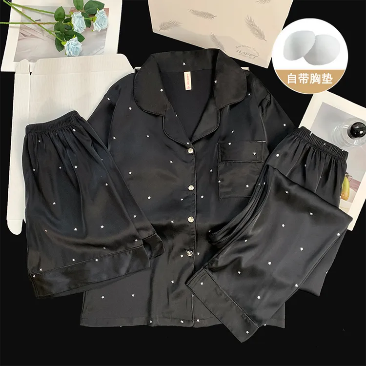 带胸垫夏季冰雪丝短袖睡衣女三件套2025新款甜美高级感家居服套装