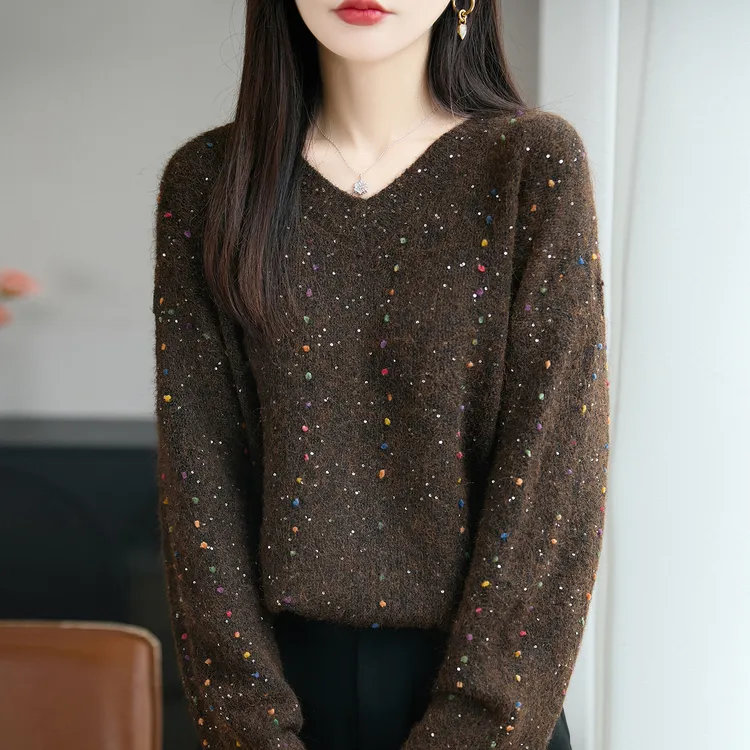 时尚V领咖色纯100羊毛衫女秋冬慵懒风宽松显瘦毛衣内搭羊绒打底衫