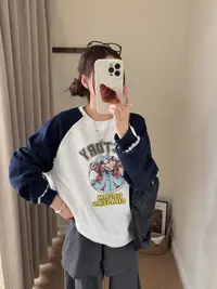 程程甄选  韩系卡通高飞蕾丝花边拼接撞色插肩袖卫衣 1110