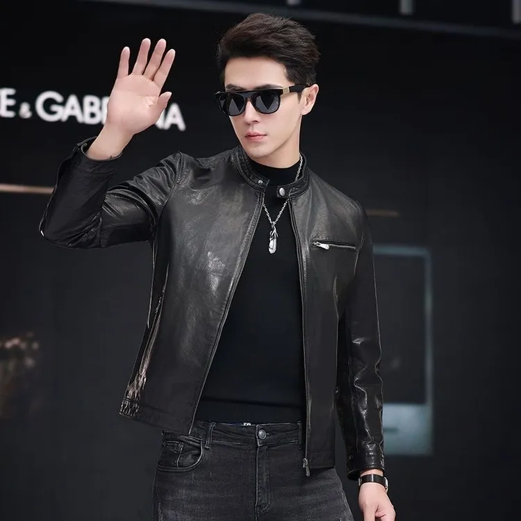 海宁新款头层牛皮皮衣男短款真皮机车休闲皮夹克立领修身秋冬外套