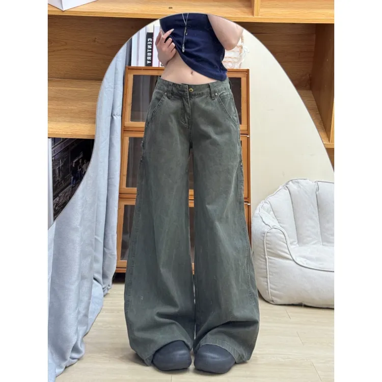 美式复古做旧弯刀军绿色牛仔裤女2025夏季薄款显瘦时尚直筒伐木裤