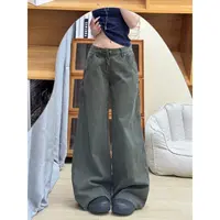 美式复古做旧弯刀军绿色牛仔裤女2025夏季薄款显瘦时尚直筒伐木裤