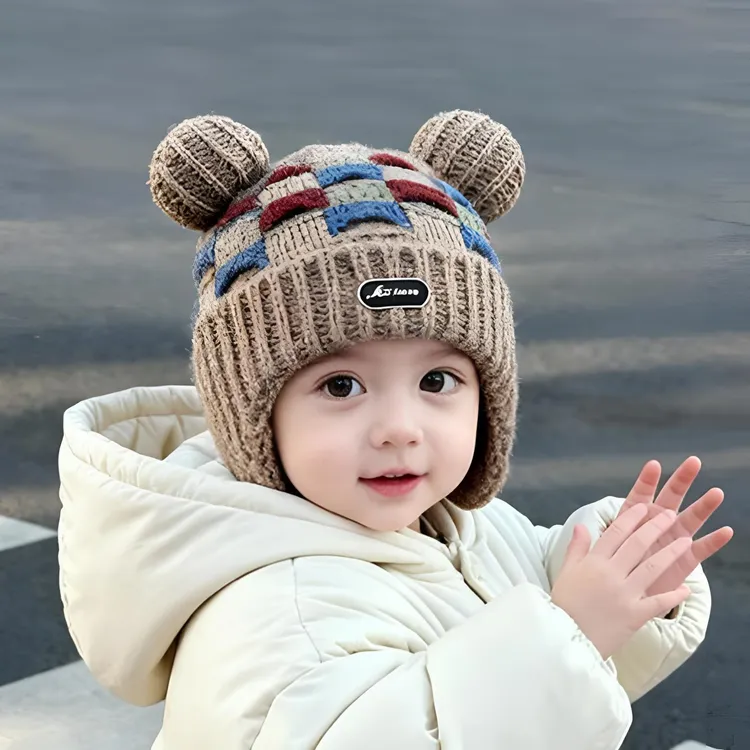 宝宝帽子儿童毛线帽秋冬季加绒男童护耳帽韩版拼色女童针织帽保暖