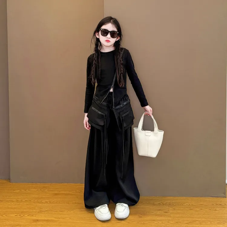 女童2025新款美式多拉链工装宽松拖地裤休闲时尚斜拉链卫衣套装潮