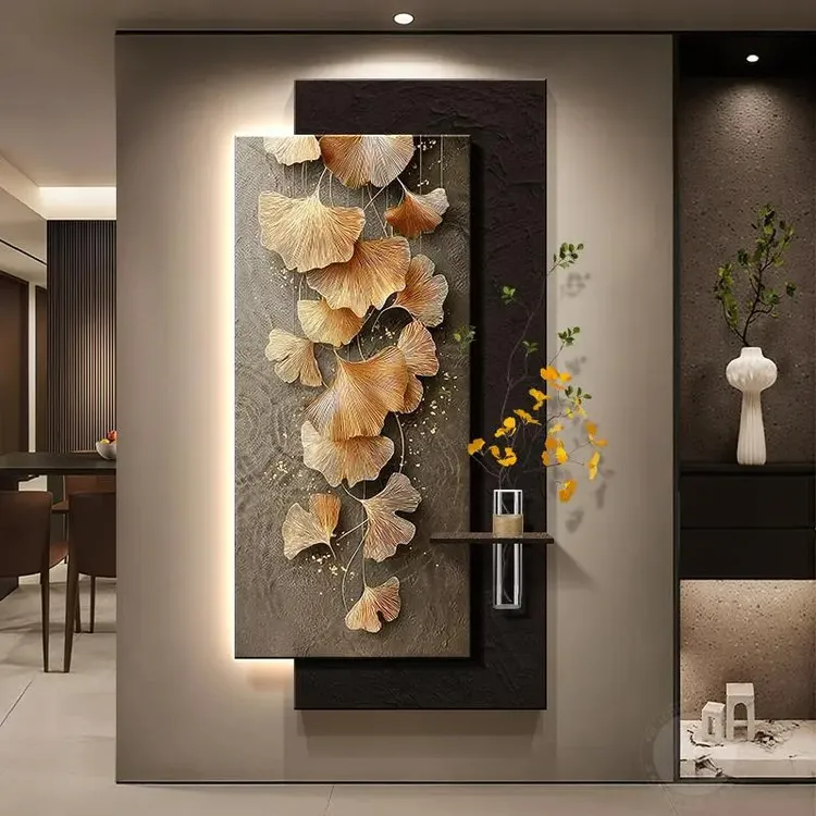 水培绿植入户门玄关装饰画高级感银杏叶走廊过道挂画2025新款壁灯