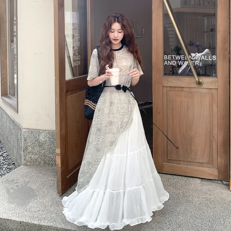 韩系不规则罩衫叠穿网纱半身裙两件套女2025夏新款慵懒风休闲套装