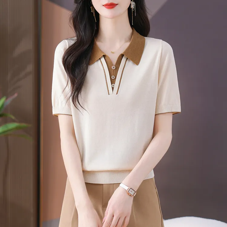 翻领冰丝短袖t恤女2025新款妈妈夏装宽松韩版polo针织衫上衣薄款