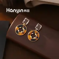 铜合金合成锆石耳饰 925银针个性设计复古豹纹四叶草方糖耳钉
