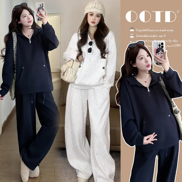 孕妇装秋冬装套装加绒加厚休闲运动连帽卫衣+弯刀裤子两件套宽松