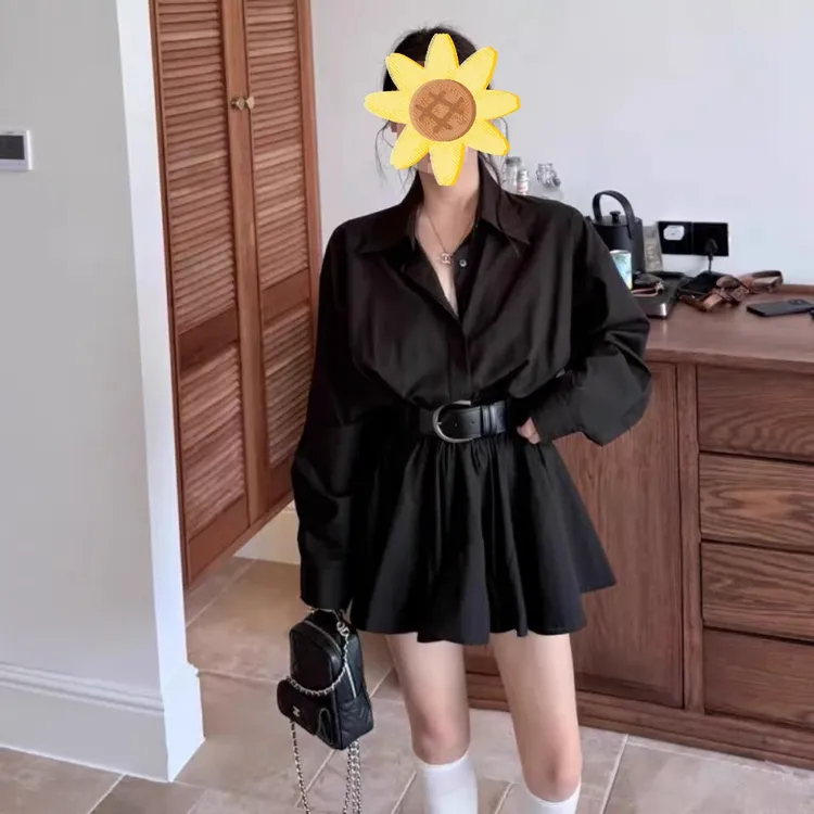 韩版 早秋新款小众翻领设计感收腰显瘦长袖衬衫连衣裙配腰带2959
