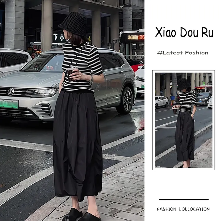 夏季流行穿搭一套新款2025年法式高级感显瘦条纹上衣半身裙两件套
