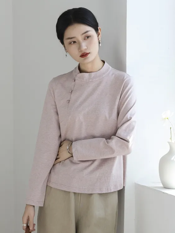 早秋纯棉衬衫女新中式立领斜襟盘扣保暖内搭打底衫休闲上衣长袖