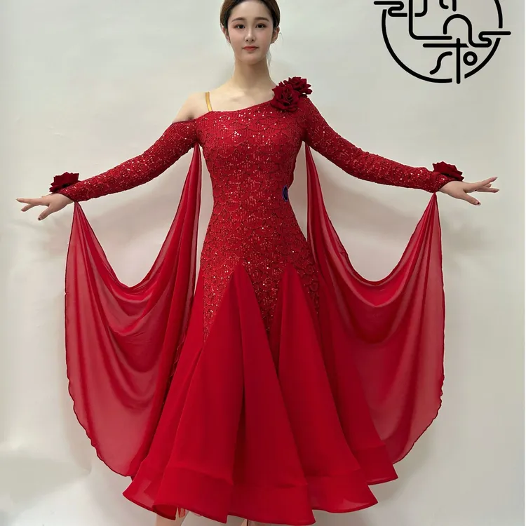 西朵舞服亮片花朵大袖飘摩登舞表演裙连衣裙XD652