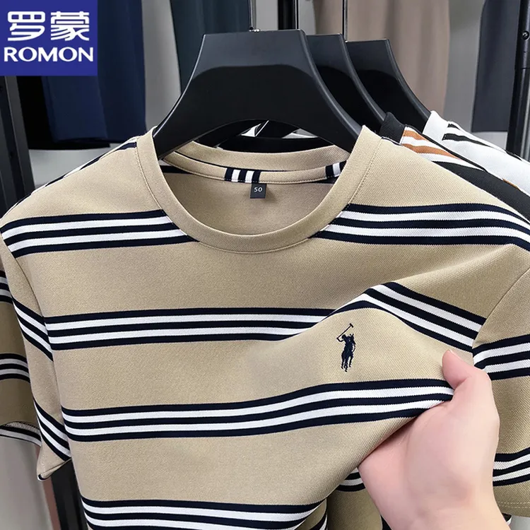 罗蒙2025新款男士条纹宽松透气凉爽百搭中青年潮牌短袖t恤男