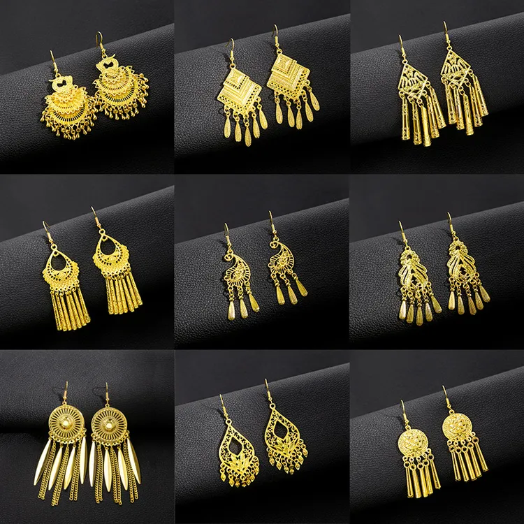 合金耳饰 民族风复古金色流苏西双版纳耳环耳夹云南傣族风苗族女