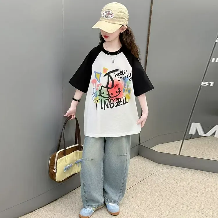 新款女童纯棉短袖潮流百搭夏季宽松圆领ins拼接撞色时尚001网红