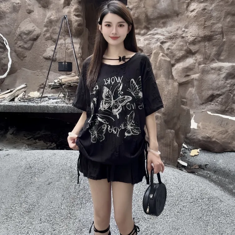 2025黑色系女装套装设计感小众上衣裤子夏季新款T