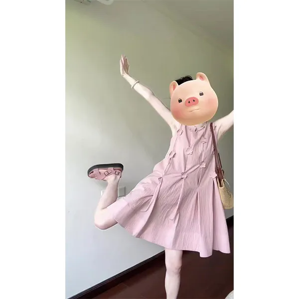 夏季法式甜美风粉色无袖背心连衣裙温柔气质宽松减龄a字短裙