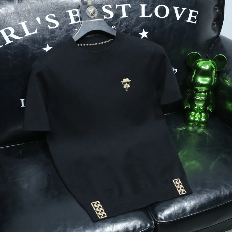 欧洲站秋冬季新款短袖毛衣男士简约绣标休闲针织半袖男打底羊毛衫