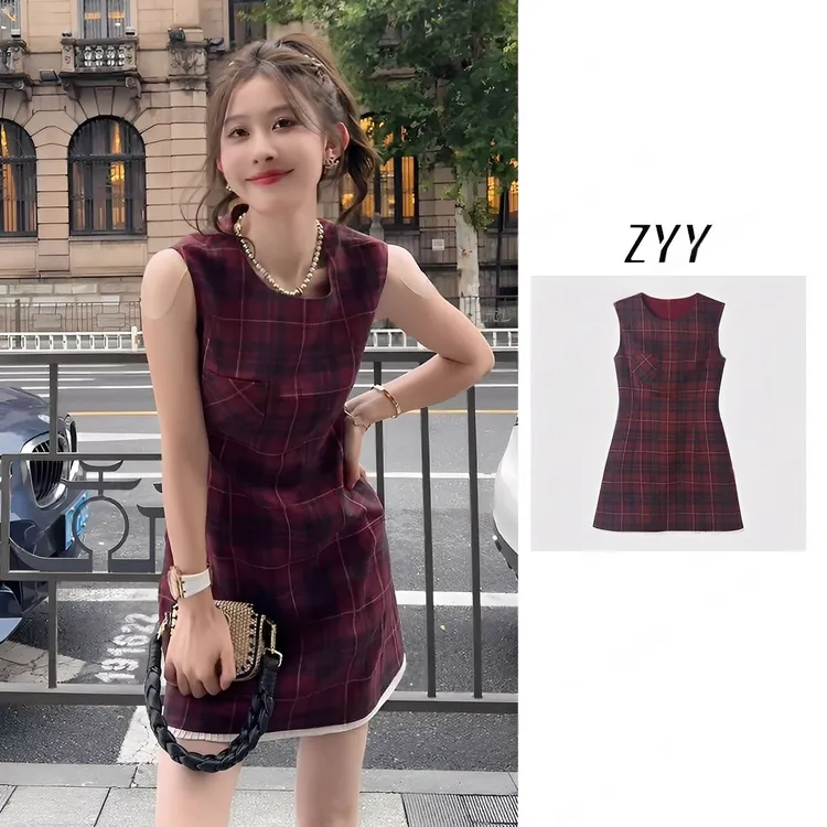 ZYY【微醺朗姆】2025/S新品酒红色格纹A版显瘦连衣裙女X25XLYQ02253