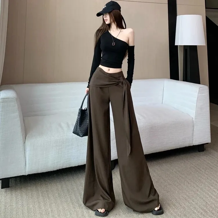 老钱风美拉德咖色不规则西装裤女秋季高腰显瘦垂感休闲长裤阔腿裤