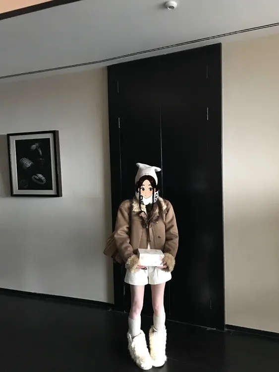 复古修身皮毛一体环保毛毛夹克外套