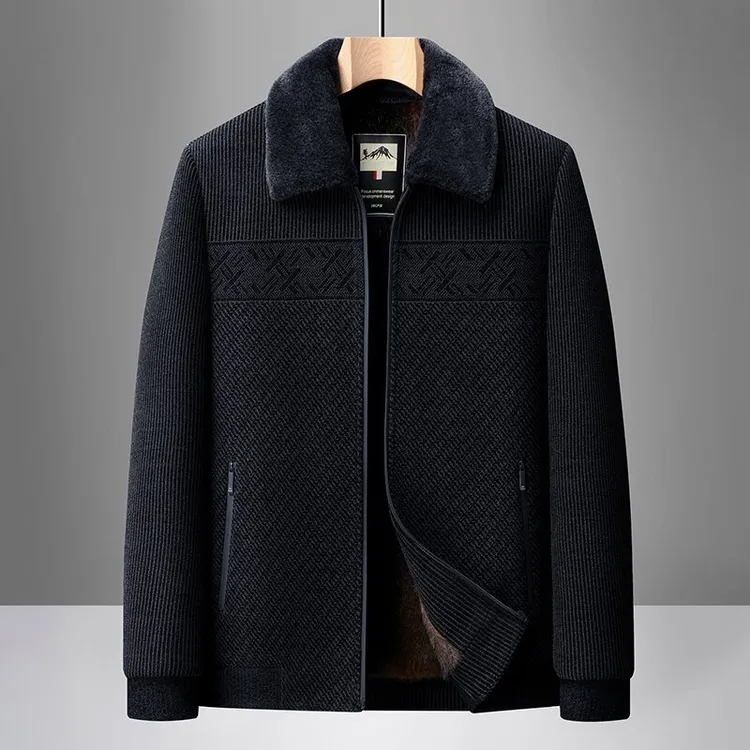 男士中老年爸爸装春秋季商务休闲翻领雪尼尔外套上衣加绒加厚秋冬