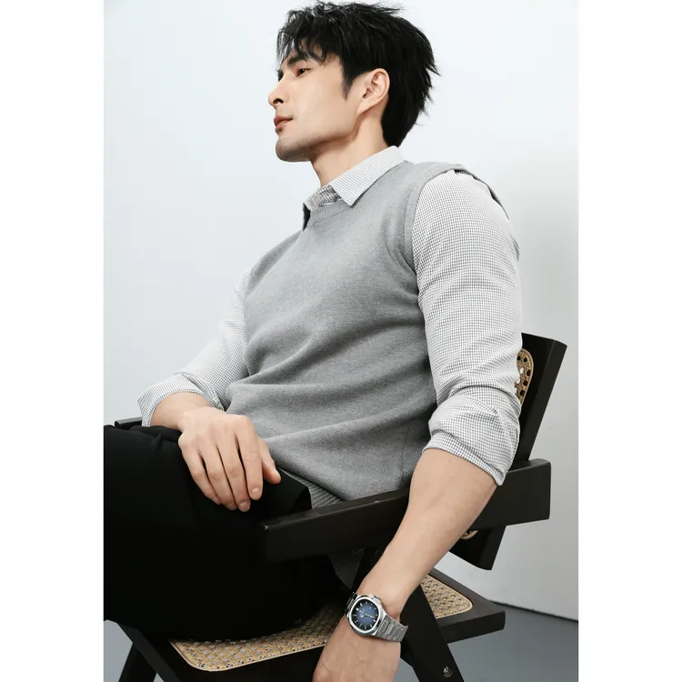 高级感假两件毛衣千鸟格衬衫领秋冬加厚加绒保暖商务针织衫上衣男