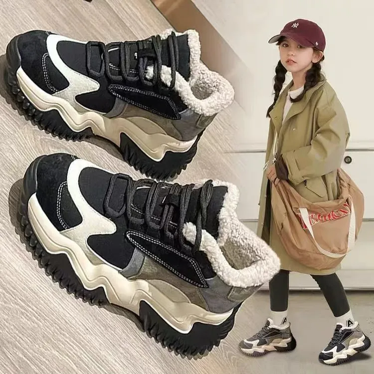 ABC女童鞋加绒运动鞋2025冬季新款儿童保暖防滑棉鞋中大童老爹鞋