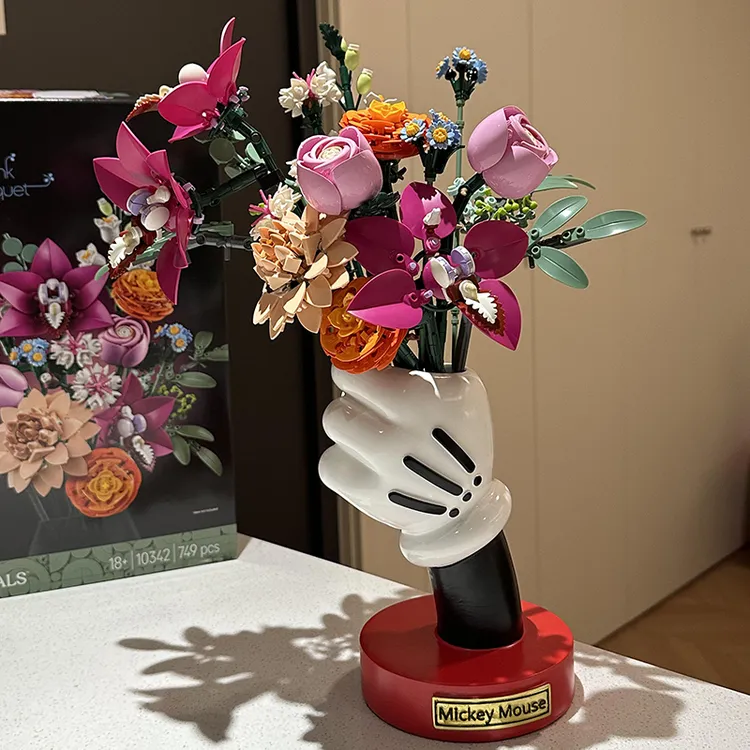 粉黛花束永生花束积木米奇手花瓶高级感摆件手捧花送女朋友礼物
