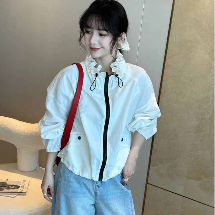 花苞领撞色宽松显瘦防晒衣女2025春夏新款欧货时尚休闲短外套上衣