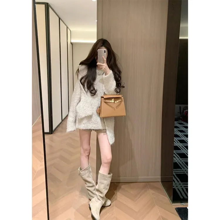 休闲百搭针织衫韩系小个子慵懒高级感连帽毛衣女款2025新款冬季