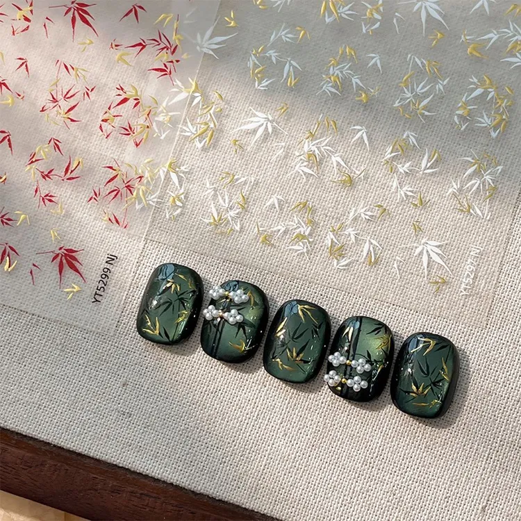 新款暖金斑斓竹子烫金美甲贴纸国风简约竹叶落叶穿戴甲装饰指甲贴