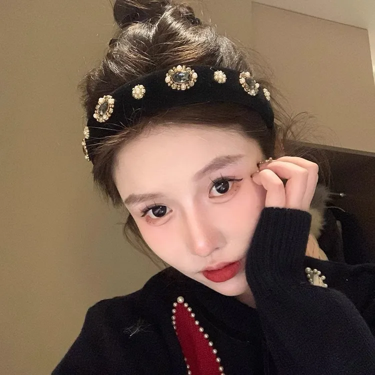 高级感黑色丝绒微镶发箍女轻奢重工富家千金高颅顶压发头箍发饰品