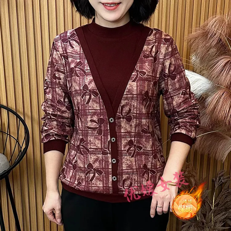 中老年女装秋冬保暖蝴蝶结印花半高领假两件显瘦妈妈装长袖上衣