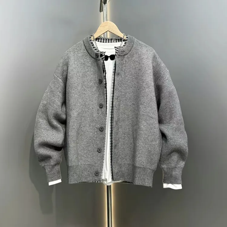 2025秋冬季新款拼接假两件套针织开衫青中年百搭毛衣宽松休闲外套