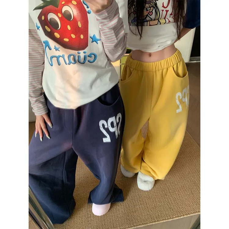 美式字母印花黄色阔腿裤男女同款宽松休闲长裤跳舞百搭潮牌卫裤